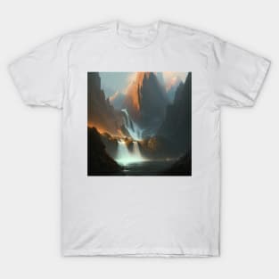 Cascading Shadows: A Majestic Mountain Waterfall T-Shirt